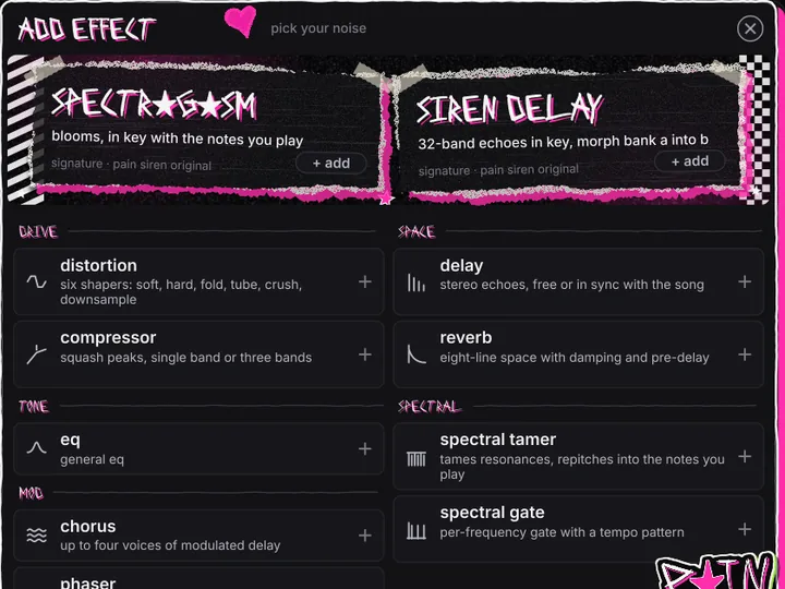 Close-up of the SIREN 11 add effect menu: SPECTRAGASM, SIREN DELAY, spectral tamer, spectral gate and more