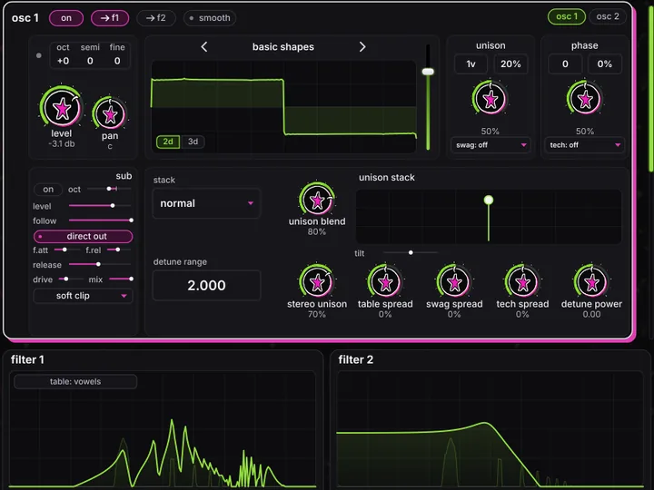 Close-up of the SIREN 11 osc section: wavetable view, sub, unison stack and a wavetable filter