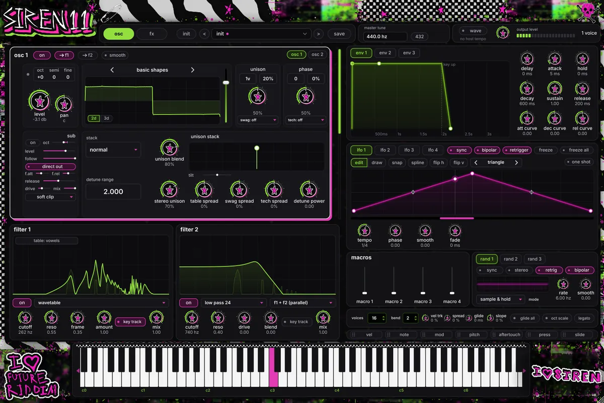 SIREN 11 osc page: wavetable osc, sub, unison, two filters with a wavetable filter, envelopes, drawable LFO and macros